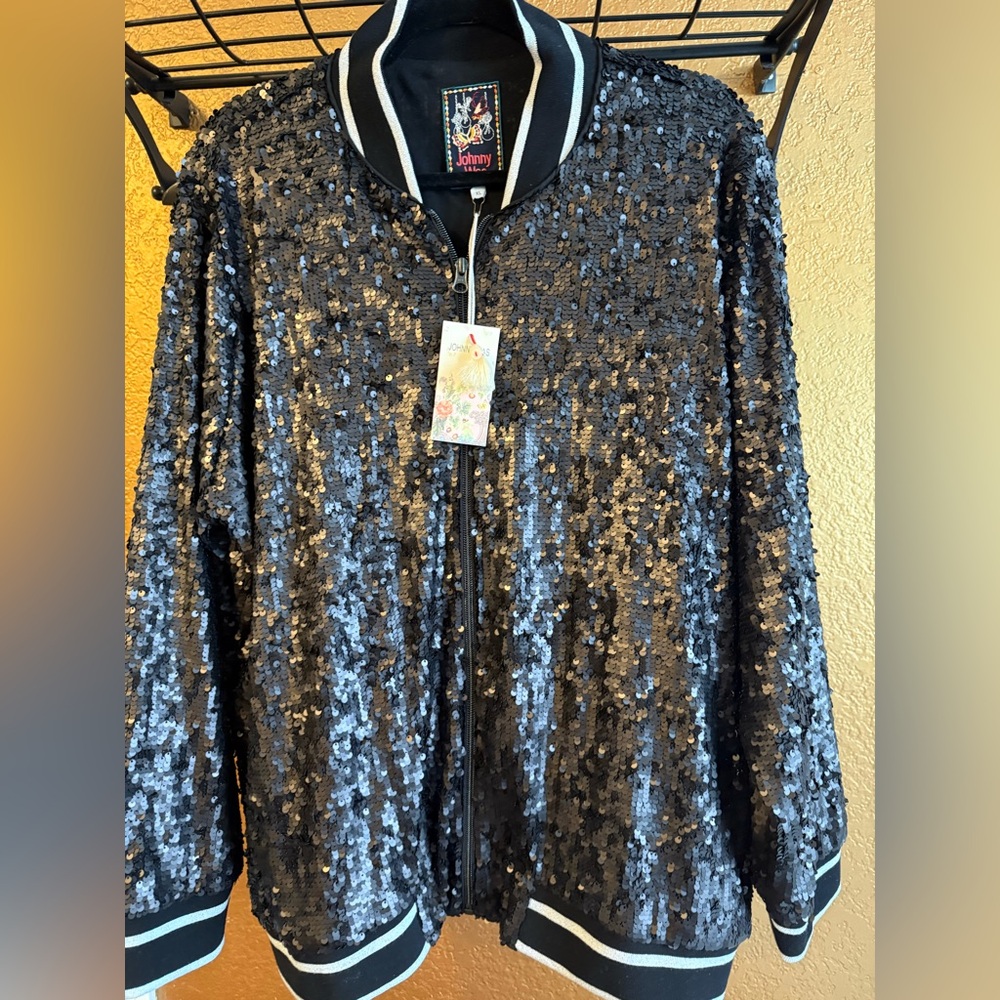 Johnny Was Black Sequin Bomber Jacket